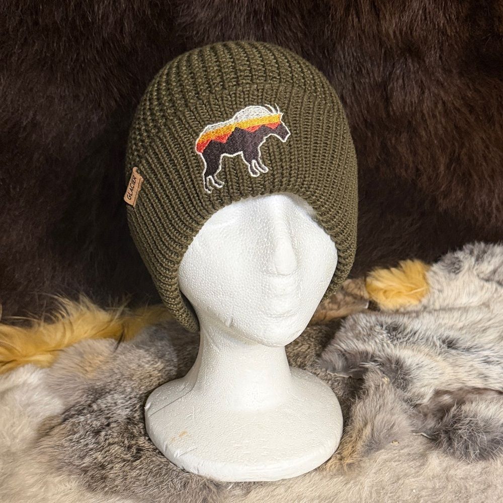 Olive Green Beanie with Embroidered mountain goat Design OS (6006)